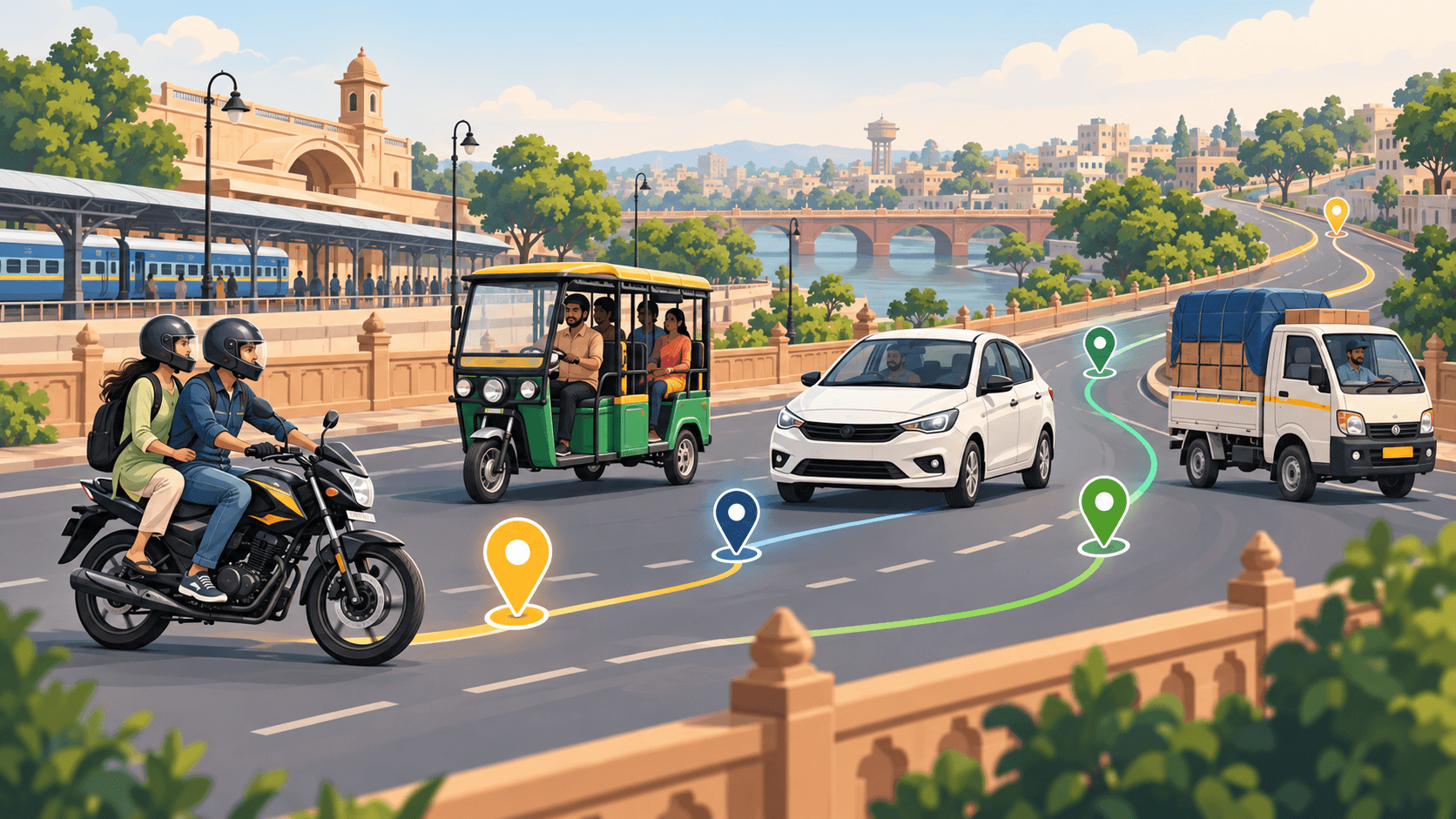 Bike, e-rickshaw, cab and goods transport moving on connected routes around Mathura